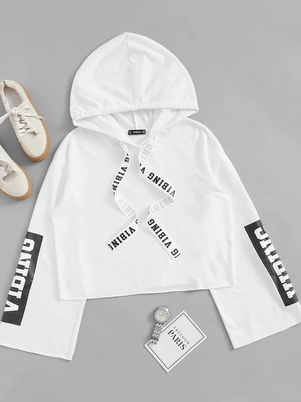 Crop Hoodie mit Buchstaben Muster und Kordelzug Crop Hoodie mit Buchstaben Muster und Kordelzug