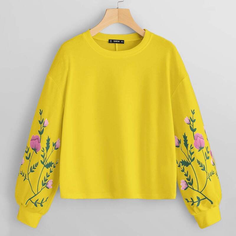 

Drop Shoulder Floral Print Pullover, Yellow bright
