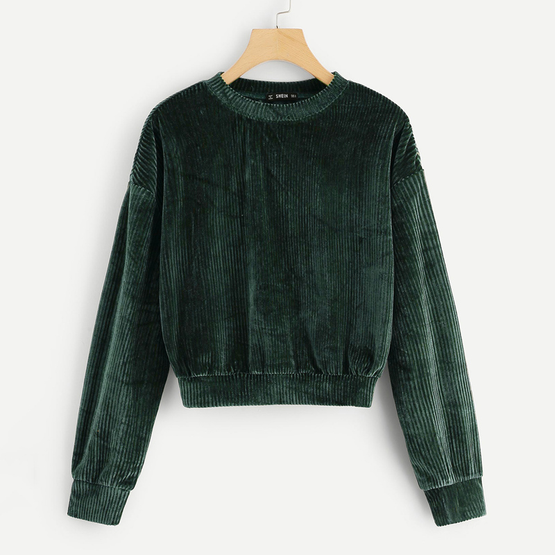 

Drop Shoulder Solid Velvet Pullover, Green