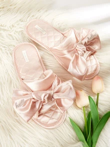 秋冬季女士时尚家居拖鞋，饰有蝴蝶结和滚边，圣诞节服装 - 淺粉色 - 查看 1