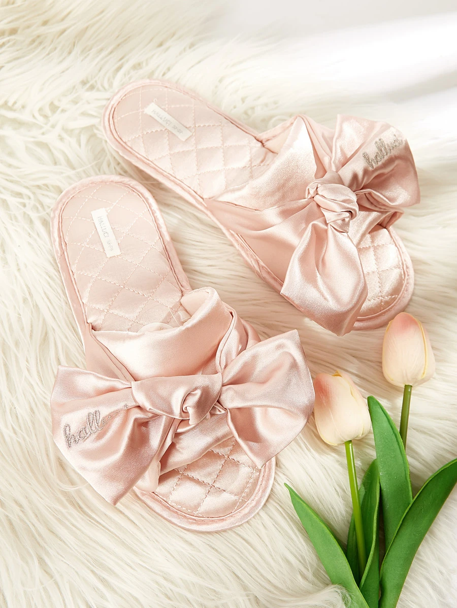 秋冬季女士时尚家居拖鞋，饰有蝴蝶结和滚边，圣诞节服装 - 淺粉色 - 查看 1