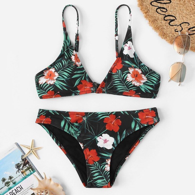 

Random Leaf & Flower Print Low Rise Bikini, Multicolor