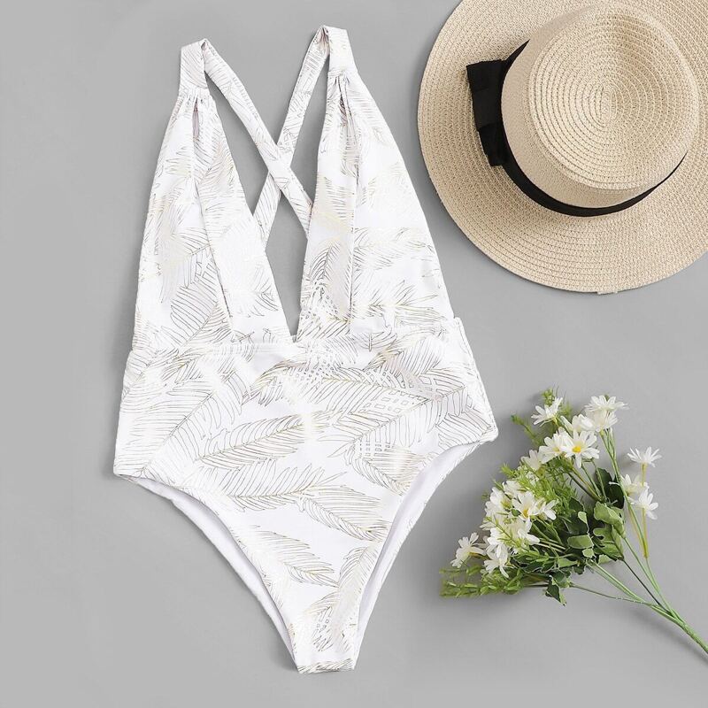 

Random Leaf Print Criss Cross One Piece Swimsuit, White