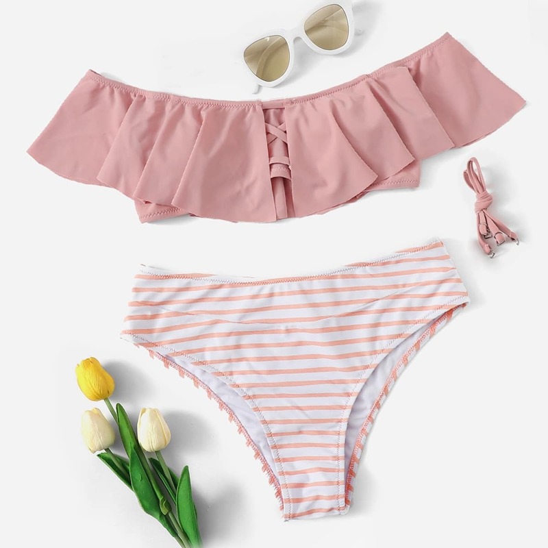 

Flounce Bardot Top With Striped High Waist Bikini, Pink pastel