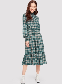 Ruffle Hem Frill Neck Plaid Dress