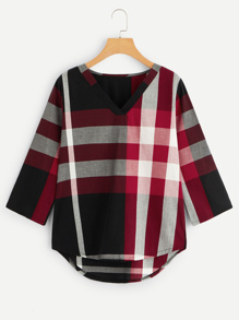 High Low Curved Hem Plaid Blouse