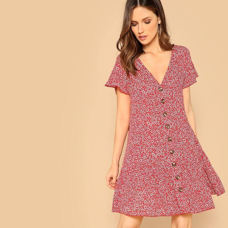

V Neck Button Front Floral Print Shirt Dress, Multicolor
