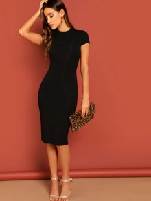 SHEIN Privé Solid Bodycon Knee-Length Dress - Black - View 1
