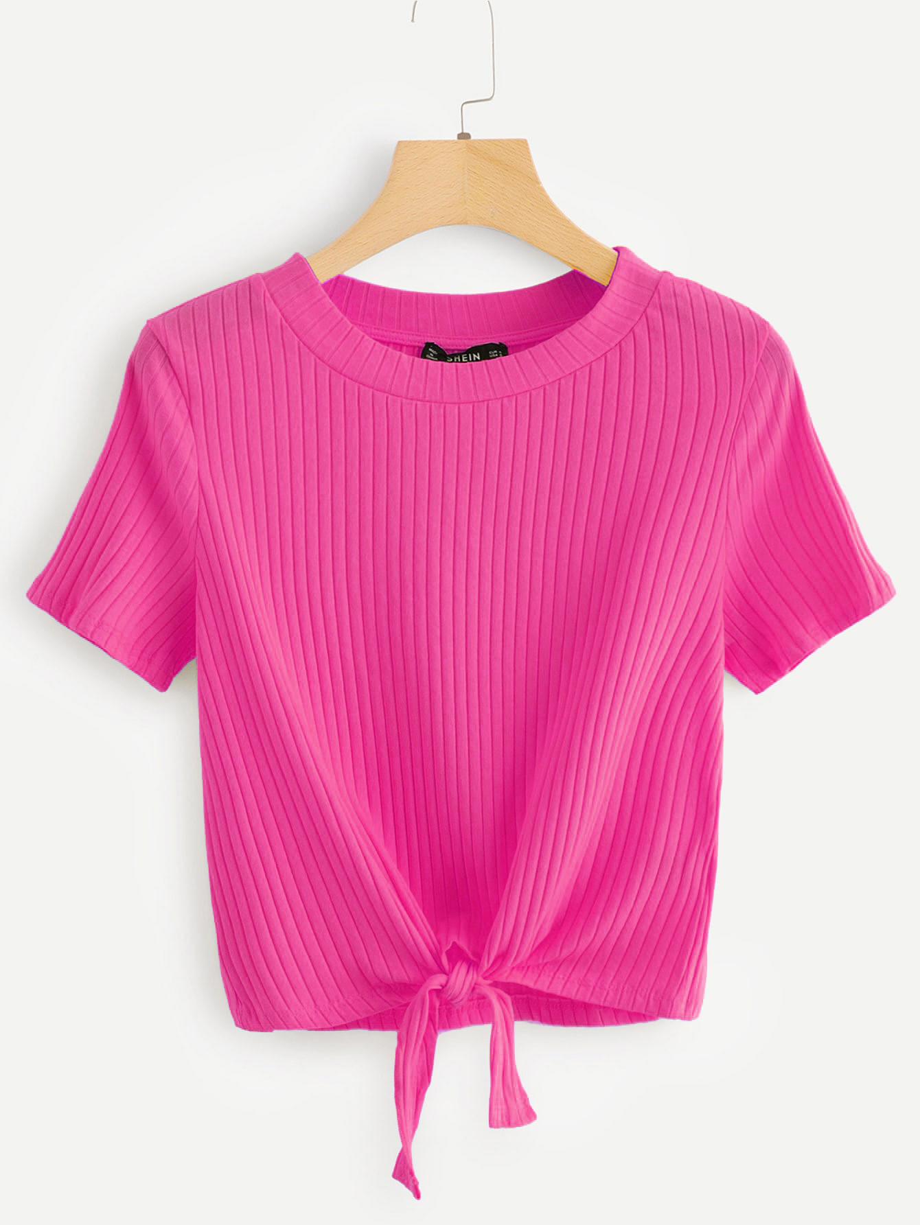 SHEIN Neon Pink Knot Front Rib-knit T 