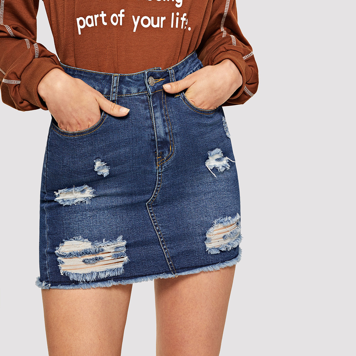 Image of Bleach Wash Distressed Denim Skirt