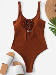 Grommet Lace Up One Piece Swimsuit