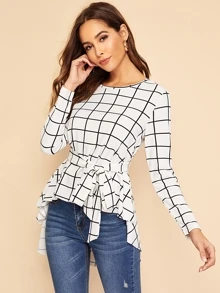 SHEIN Waist Belted Asymmetrical Hem Grid Top - White - View 3