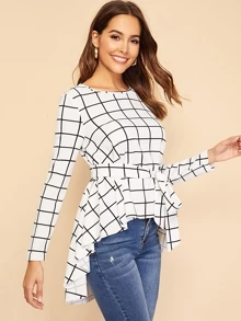 SHEIN Waist Belted Asymmetrical Hem Grid Top - White - View 4