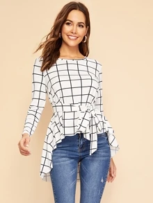 SHEIN Waist Belted Asymmetrical Hem Grid Top - White - View 1