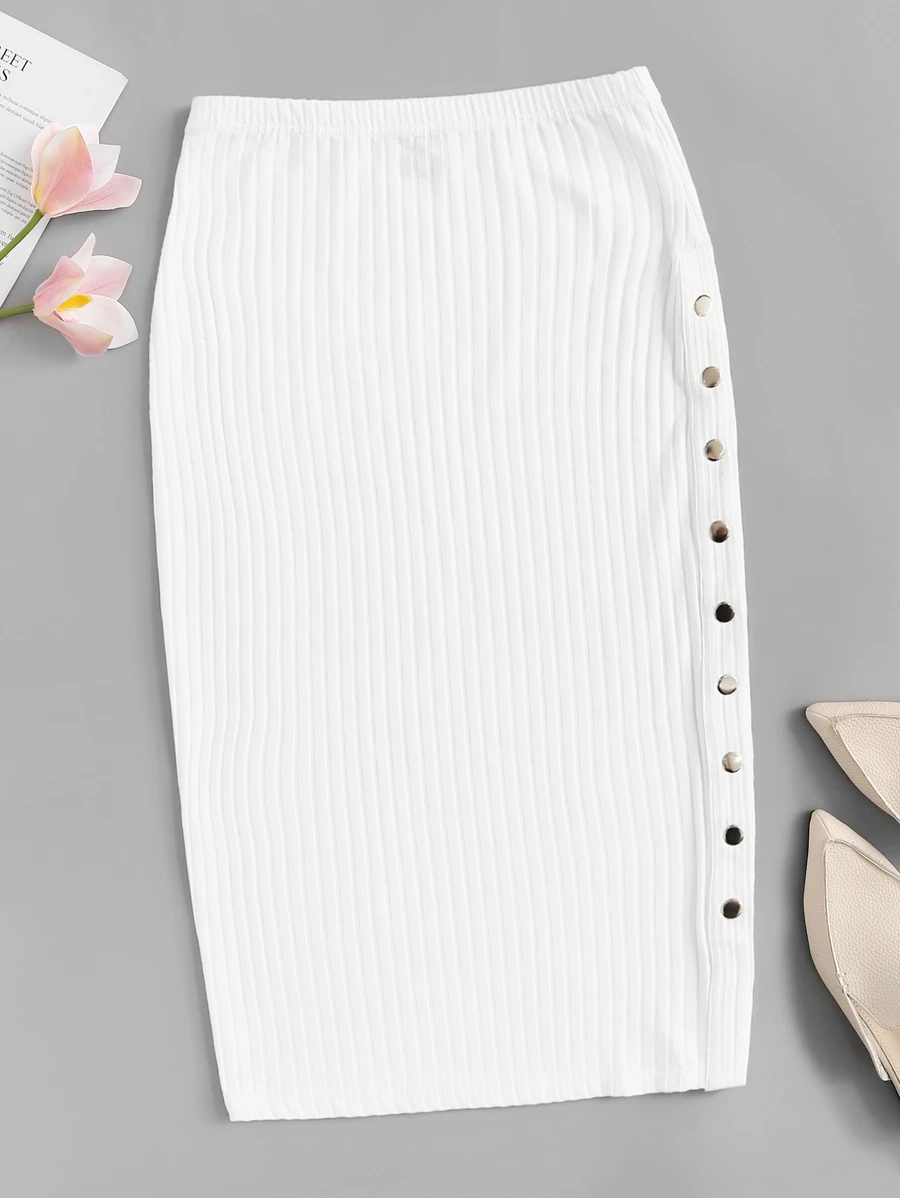 Mulvari Press Button Side Rib-knit Solid Skirt - White - View 1