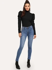 Blusa de cuello alto de manga farol con perla | ROMWE Blusa de cuello alto de manga farol con perla | ROMWE