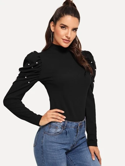 Blusa de cuello alto de manga farol con perla | Mode de Blusa de cuello alto de manga farol con perla | ROMWE