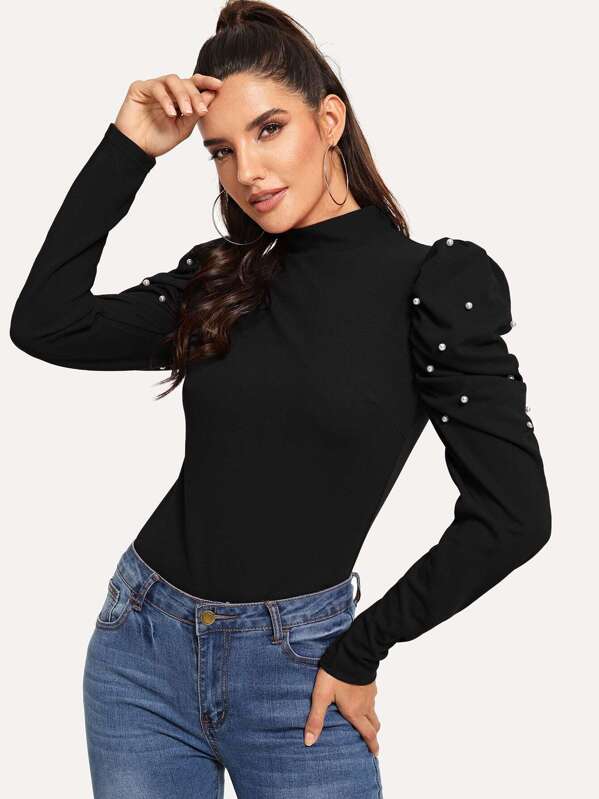 Blusa de cuello alto de manga farol con perla | ROMWE Blusa de cuello alto de manga farol con perla | ROMWE