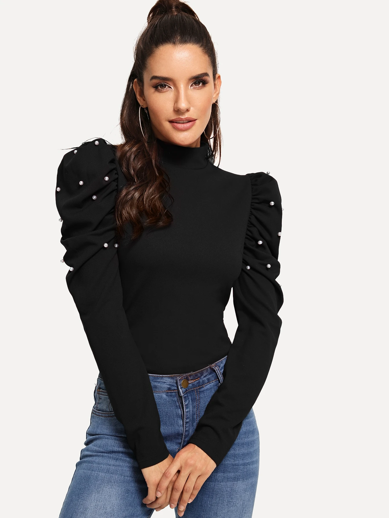 Blusa de cuello alto de manga farol con perla | ROMWE Blusa de cuello alto de manga farol con perla | ROMWE