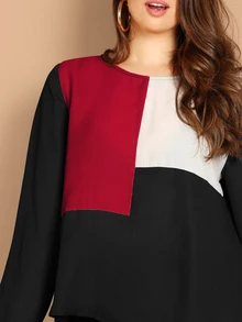 SHEIN Plus Keyhole Back Color-block Top - Multicolor - View 4