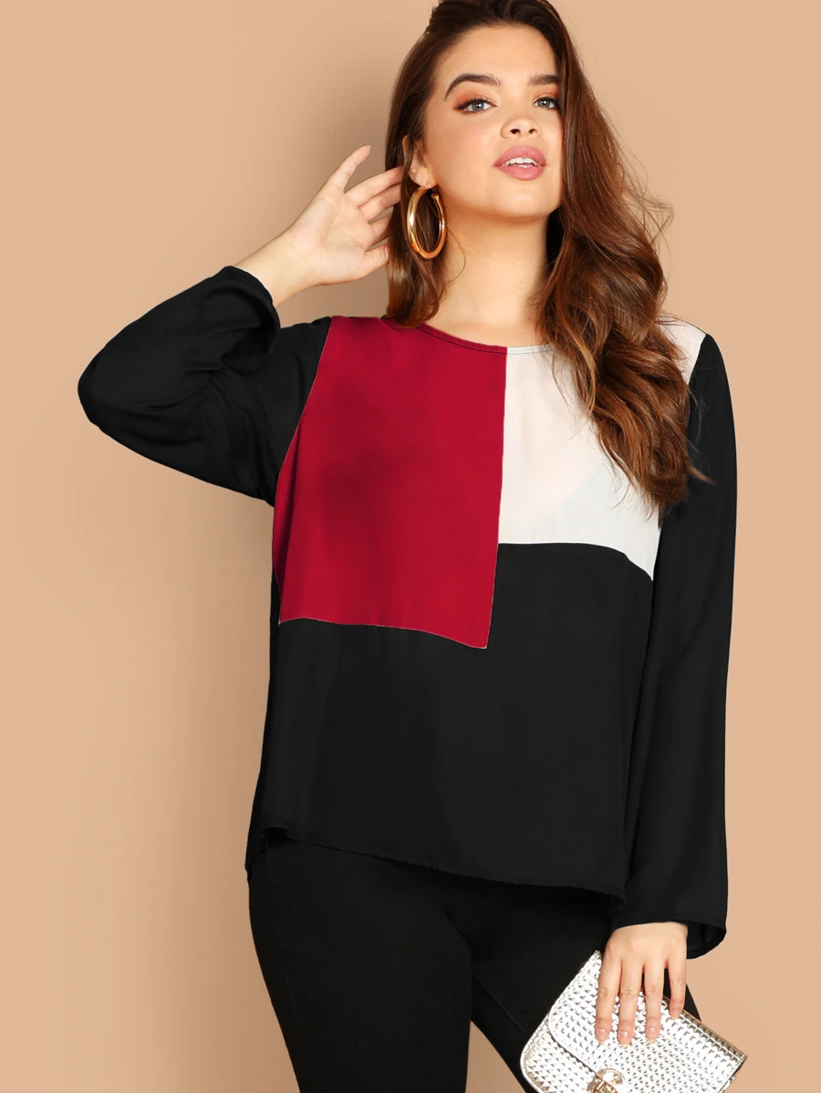 SHEIN Plus Keyhole Back Color-block Top - Multicolor - View 1