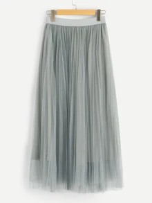 Seusyu Wide Waist Pleated Mesh Skirt - Light Grey - View 2