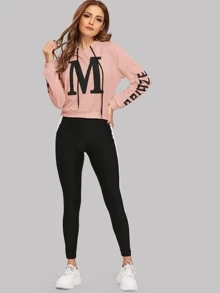 Mulvari Letter Graphic Drawstring Hoodie & Two-tone Sweatpants Set - Multicolor - View 3