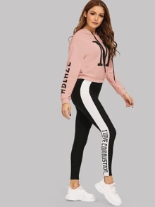 Mulvari Letter Graphic Drawstring Hoodie & Two-tone Sweatpants Set - Multicolor - View 4
