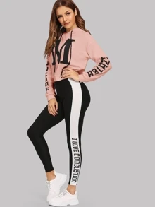 Mulvari Letter Graphic Drawstring Hoodie & Two-tone Sweatpants Set - Multicolor - View 1
