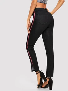 SHEIN Contrast Tape Side Split Jeans - Black - View 2