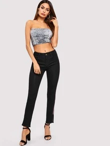SHEIN Contrast Tape Side Split Jeans - Black - View 5