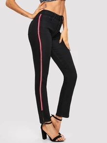 SHEIN Contrast Tape Side Split Jeans - Black - View 1