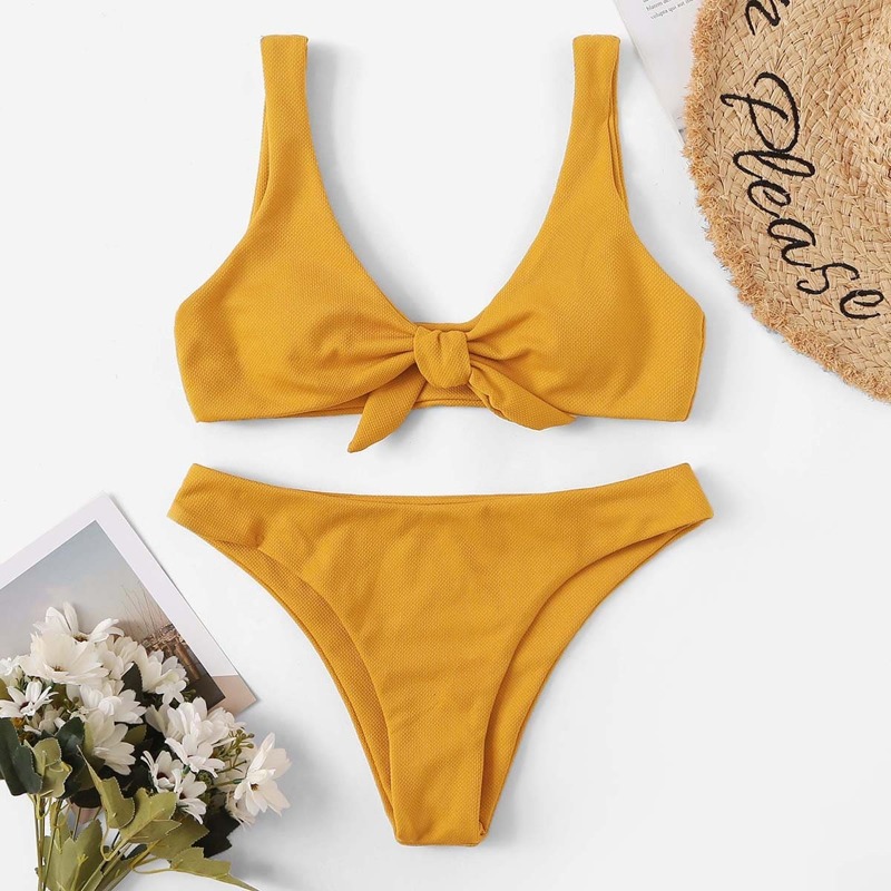 

Tie Front Scoop Neck Bikini Set, Yellow