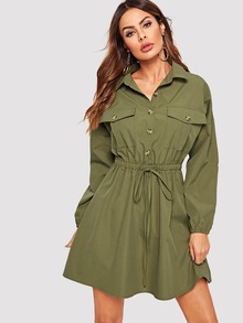 Button Drawstring Waist Dress