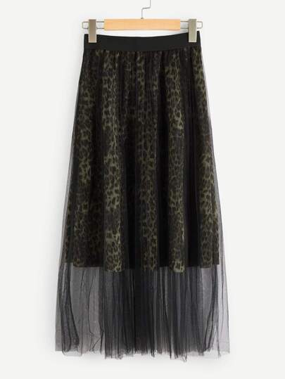 Leopard Print Mesh Overlay Skirt pictures