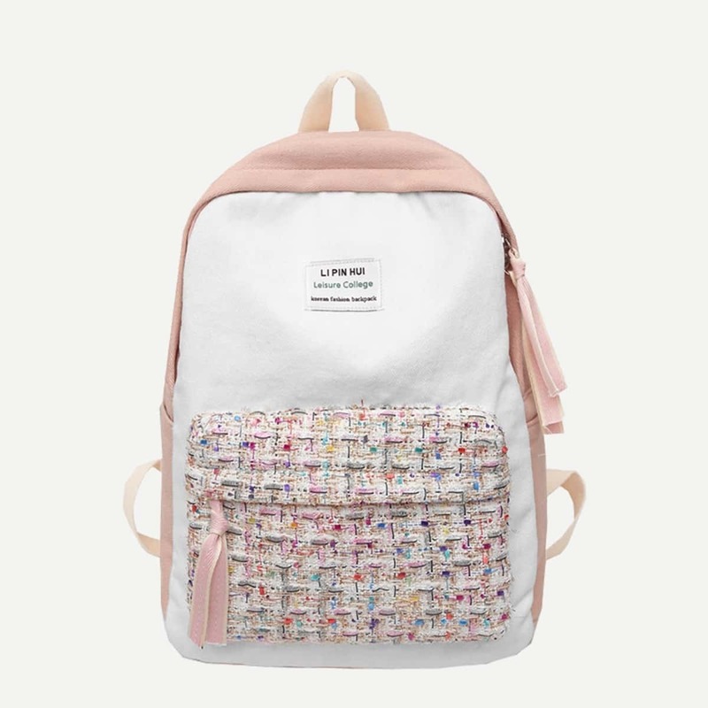 

Tweed Pocket Front Canvas Backpack, Pink