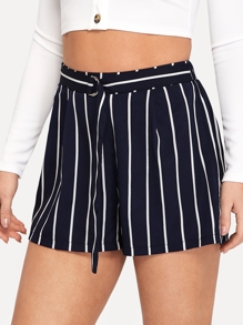 Pinstripe Belted Shorts