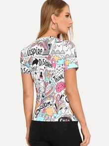 Letter And Cartoon Print Tee - Multicolor - View 2
