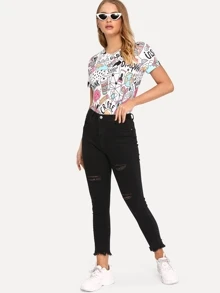 Letter And Cartoon Print Tee - Multicolor - View 3
