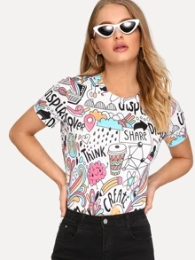 Letter And Cartoon Print Tee - Multicolor - View 4