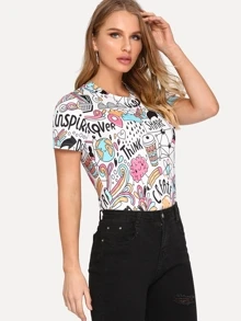 Letter And Cartoon Print Tee - Multicolor - View 5