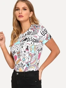 Letter And Cartoon Print Tee - Multicolor - View 6