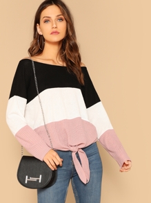 Boat Neck Cut-and-sew Knot Hem Waffle Knit Top