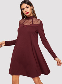 Dot Mesh Insert Guipure Lace Trim Swing Dress