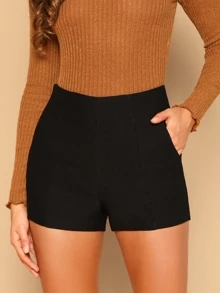 BizChic Shorts unicolor inclinado con bolsillo de talle alto ropa de trabajo - Negro - Ver 1