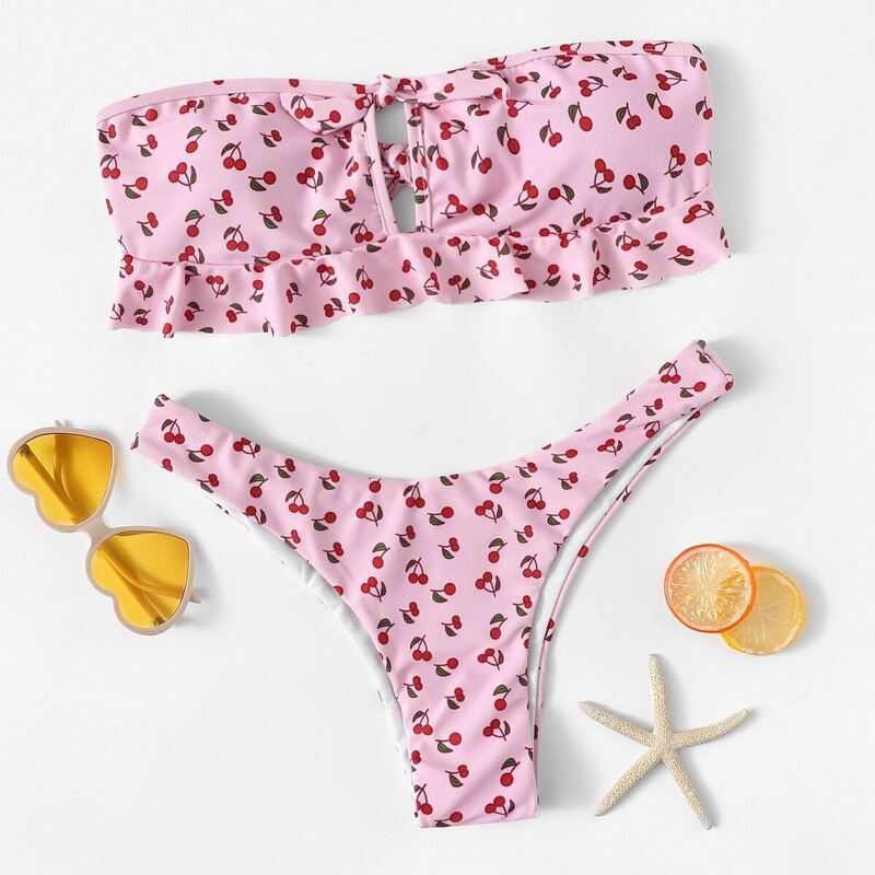 

Cherry Print Ruffle Bandeau With High Leg Bikini, Pink
