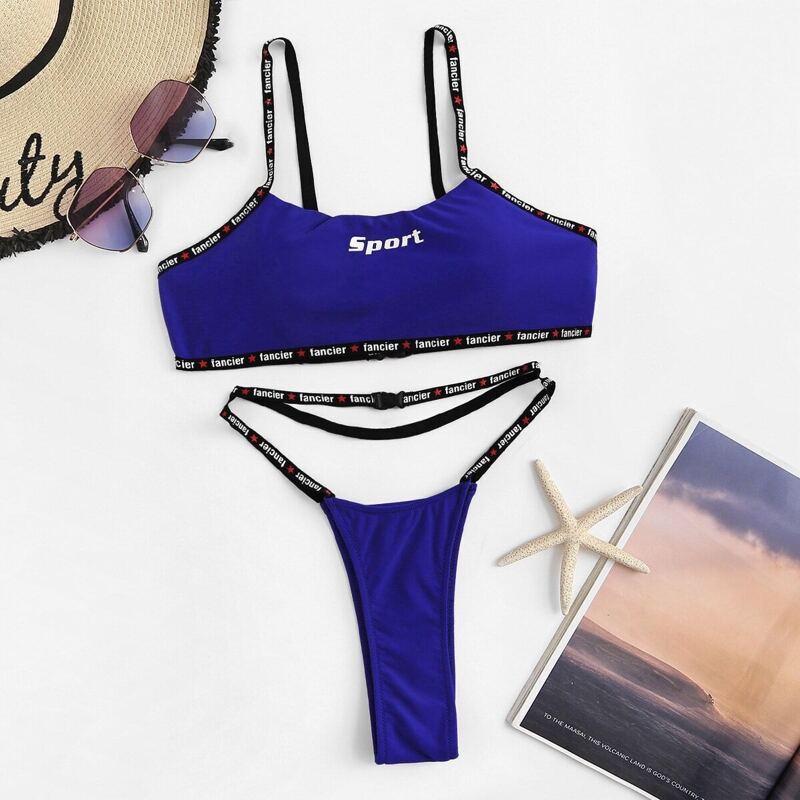 

Letter Tape Cut-out High Leg Thong Bikini Set, Blue