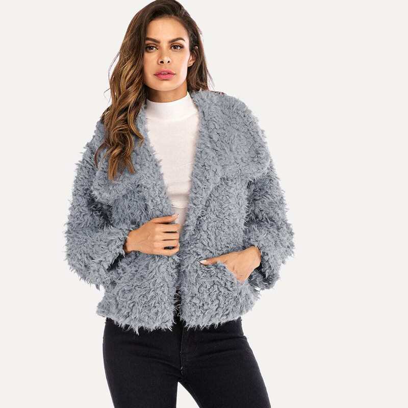 

Solid Fluffy Teddy Coat, Grey