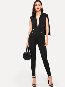 Double Breasted Cape Jumpsuit - Black - View 1