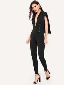 Double Breasted Cape Jumpsuit - Black - View 3